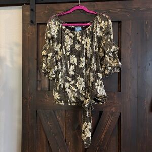 NWOT Floral Metallic Gold and Black Women's Top with Tie Detail Ruffle